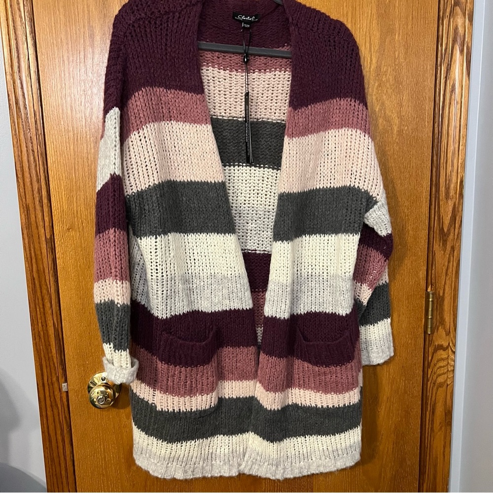 New! CHARLIE B ‎ open front long cardigan striped multi colored XL